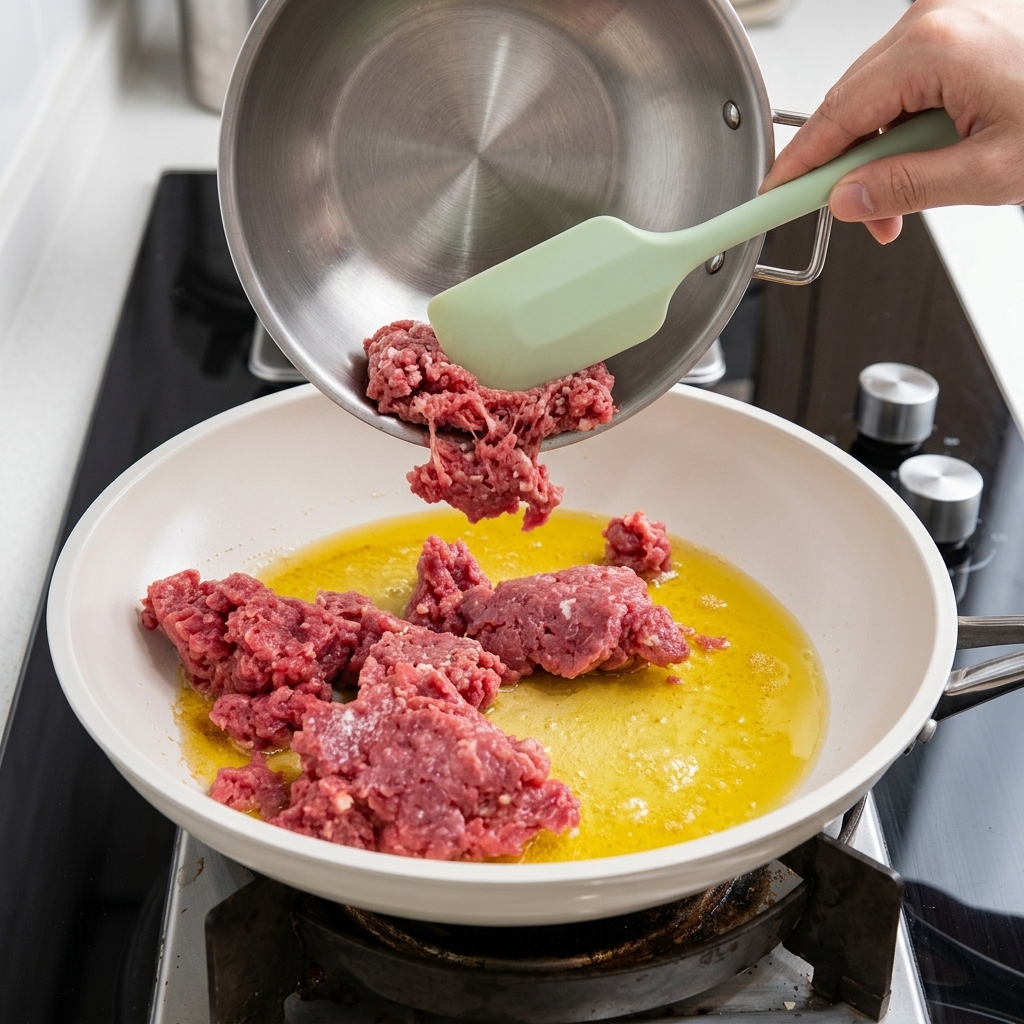 溶けたバターが広がるフライパンに、金属製のボウルから生の牛ひき肉が投入されている様子。