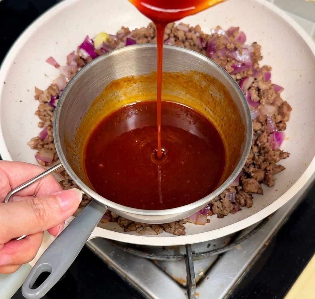 炒めた牛ひき肉と刻んだ紫玉ねぎが入った白いフライパンに、小さな金属製の鍋からとろみのある赤色ソースが注がれている様子。