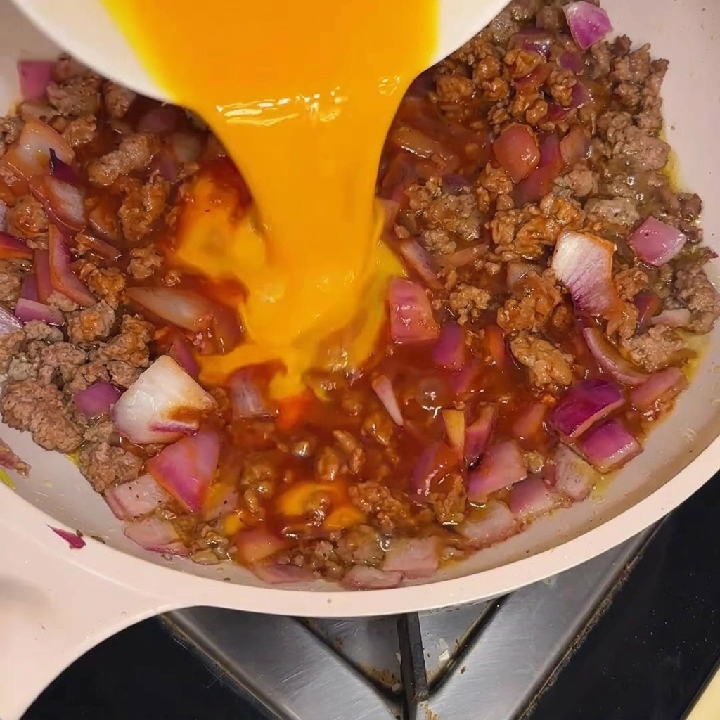 フライパンの中でグツグツと煮立つ牛肉、玉ねぎ、赤色ソースの具材の上に、鮮やかな黄色の溶き卵が太い筋状に注がれている様子。