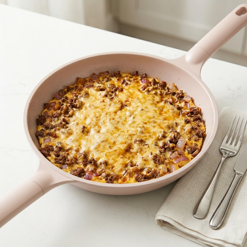 牛肉と卵のベースの上に、溶けかけた黄色のチェダーチーズスライスと、白いシュレッドモッツァレラチーズが敷き詰められた調理台の上の白いスキレット。