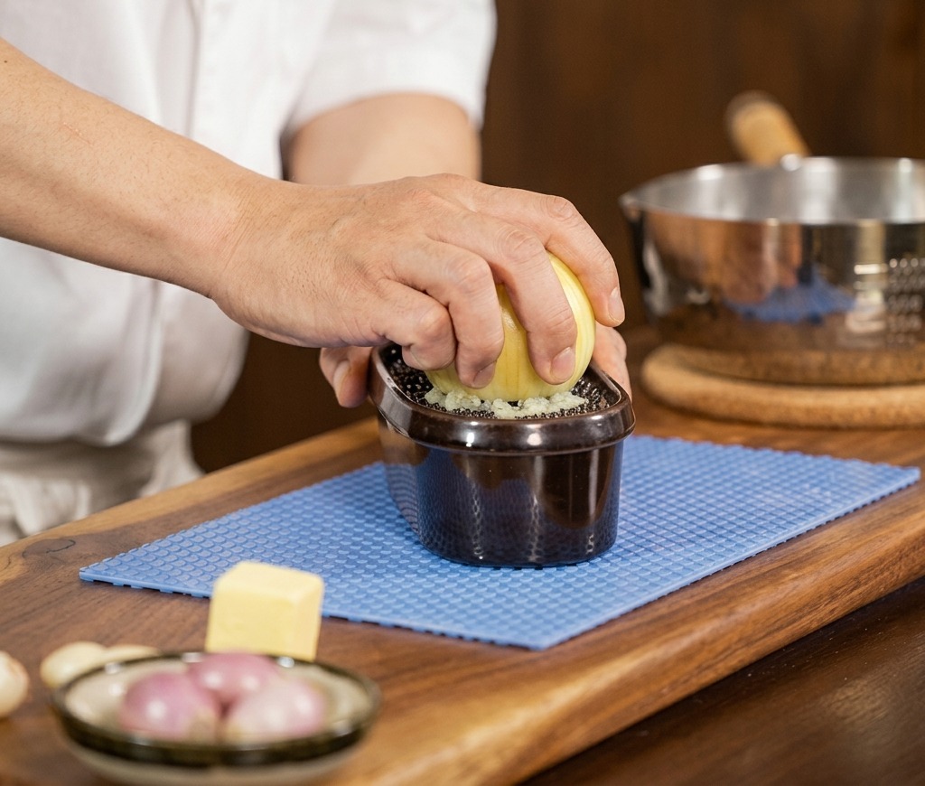 黒いセラミック製のおろし器で皮をむいた玉ねぎをすりおろし、細かくみずみずしいすりおろし玉ねぎを作っている様子。