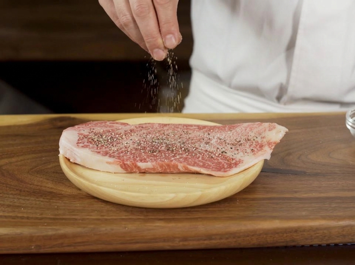 木製のまな板の上に置かれた、厚みのある生の霜降りステーキ肉に、手で塩と粗挽き黒こしょうを振っている様子。