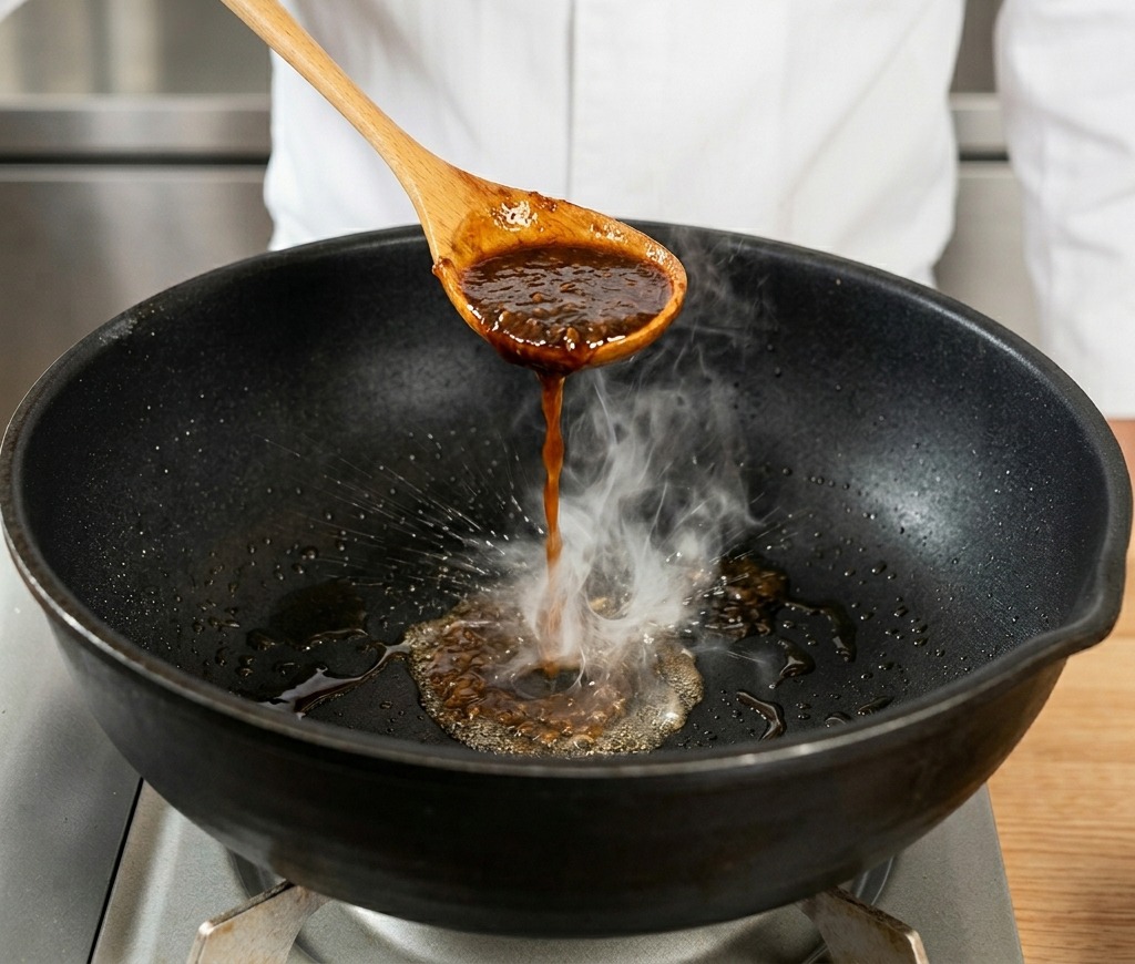 湯気が立ち上る黒いフライパンの中の焼き上がったステーキに、木製のスプーンで濃厚な濃い茶色の香味ソースをかけている様子。