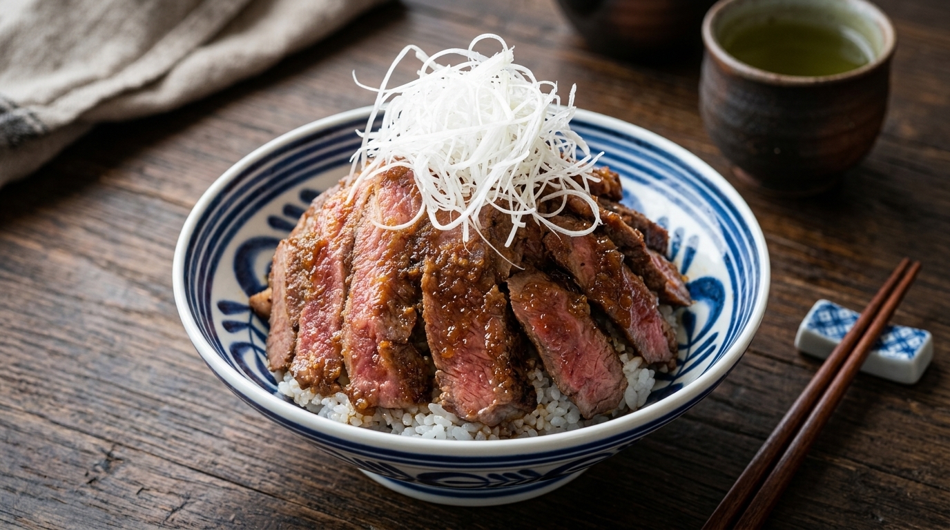 極上ステーキ丼！濃厚オニオンジンジャーソース（特製焼肉丼）