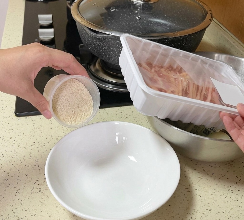 ボウルに入った白米に、プラスチックの計量カップからきれいな水を注ぐ様子。