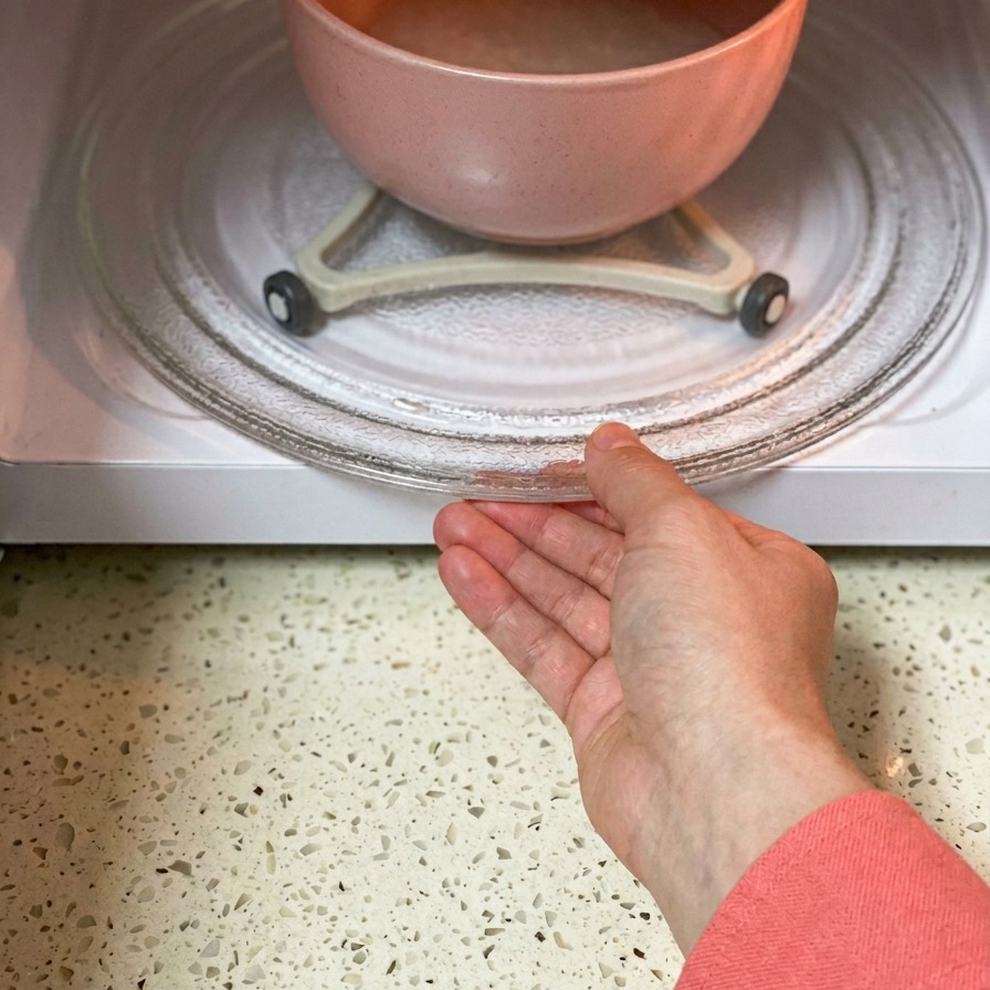 白い電子レンジの中にあるガラスの回転皿の上に、水とお米が入ったピンクのボウルを片手で置いている様子。