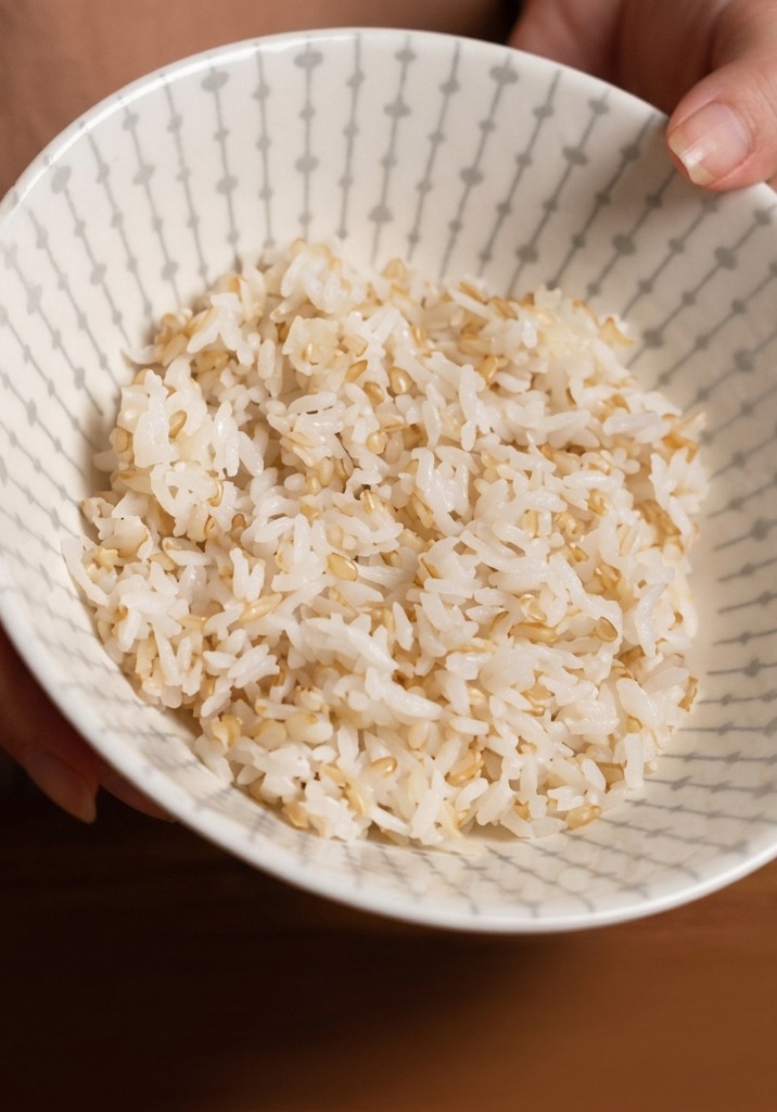 白米と薄茶色の発芽玄米が混ざり合った、白い陶器のボウルに並べられた生米のアップ。