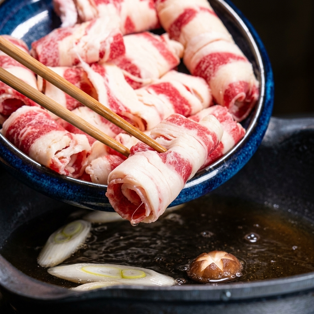 沸騰したストックの中に菜箸で牛薄切り肉を入れる様子