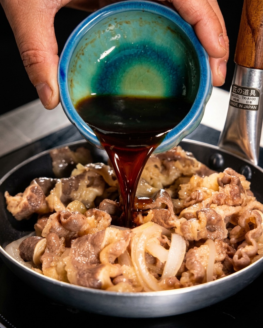 フライパンの中の牛肉と玉ねぎに上から回し入れられる濃い茶色の焼肉のタレ