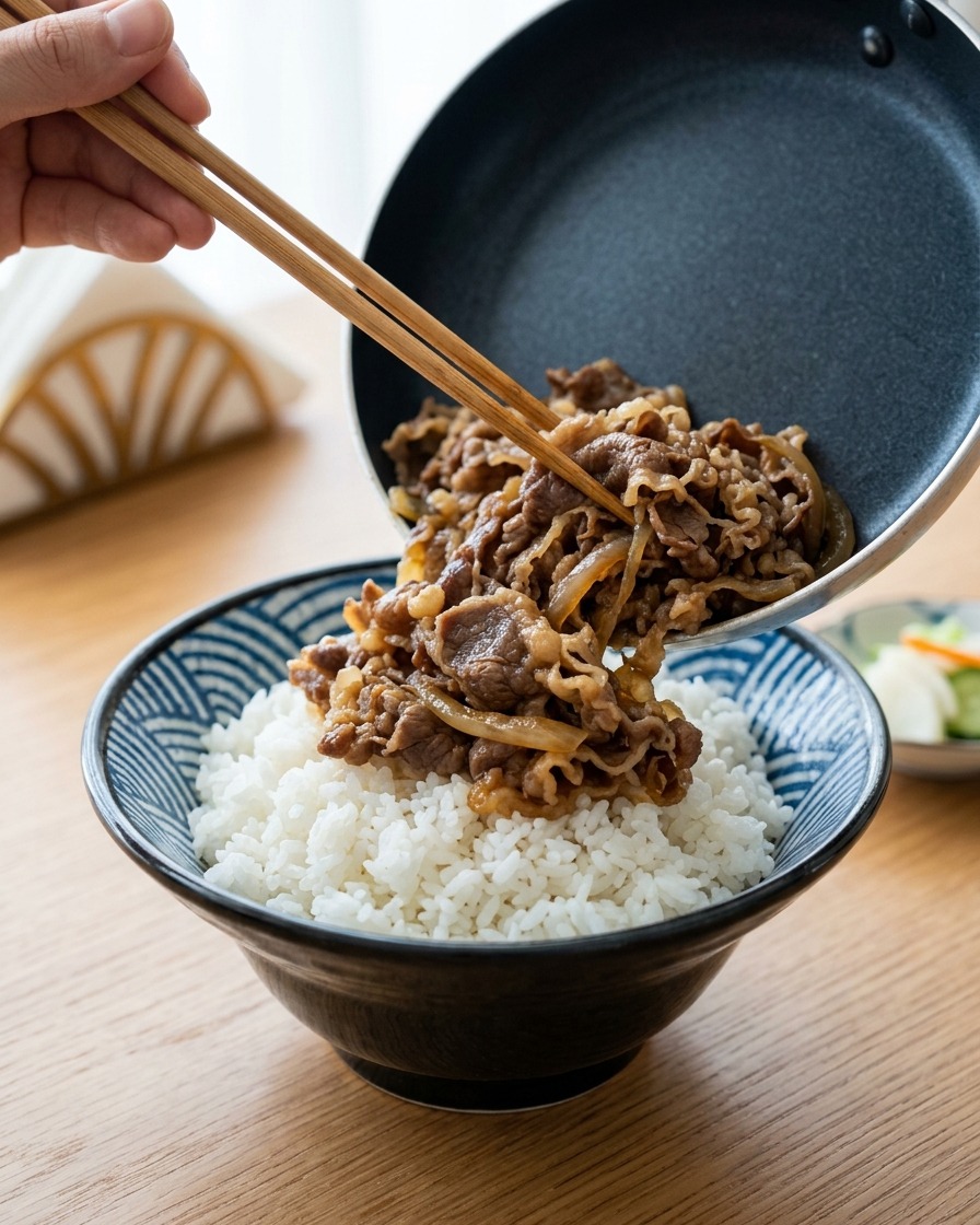 丼に盛られた温かいご飯の上に、菜箸でツヤのある牛肉と玉ねぎをのせる様子