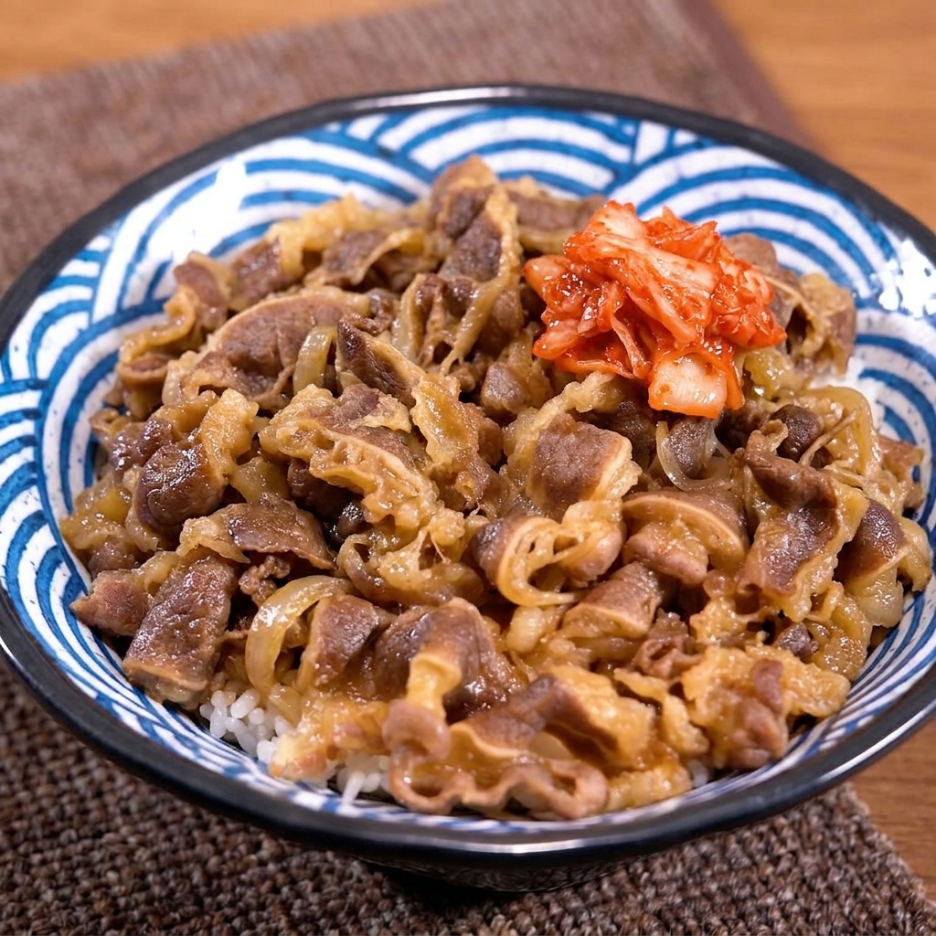 器に盛られた焼肉丼の真ん中に、菜箸で鮮やかな赤色のキムチをのせる様子