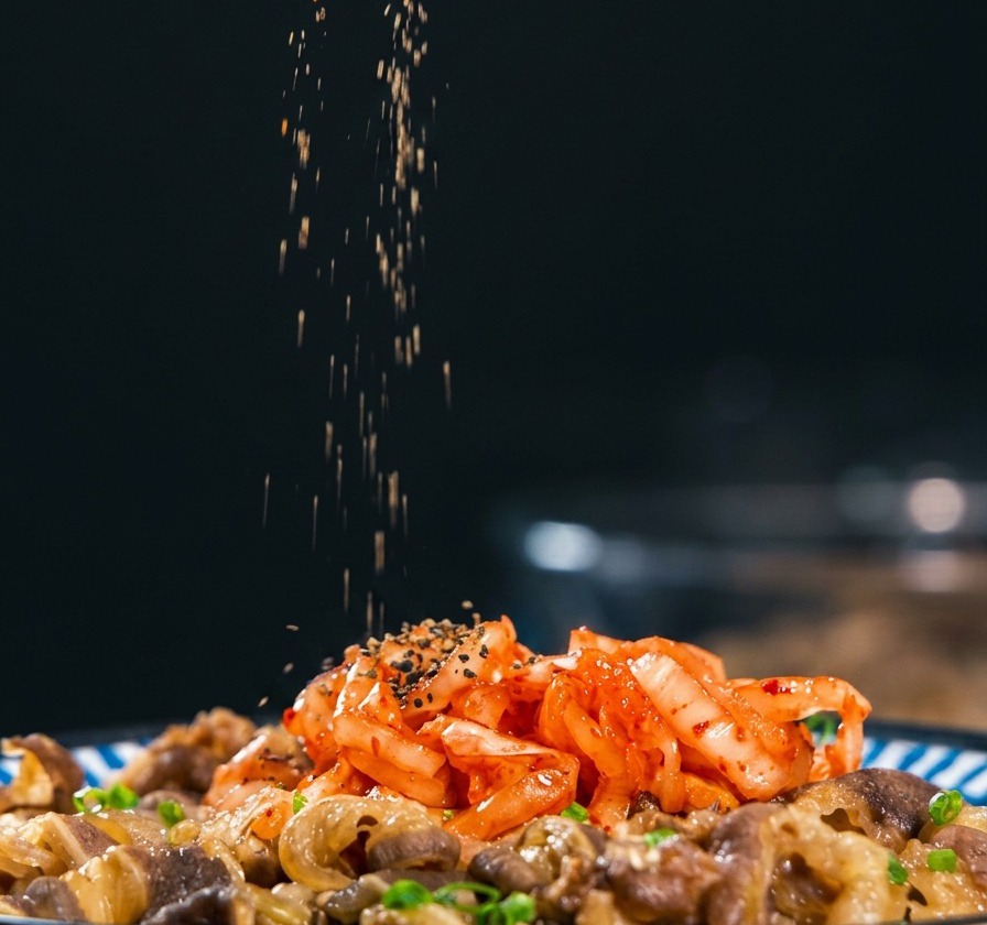 完成したキムチ焼肉丼の上に、手でパラパラといりごまを振りかける様子