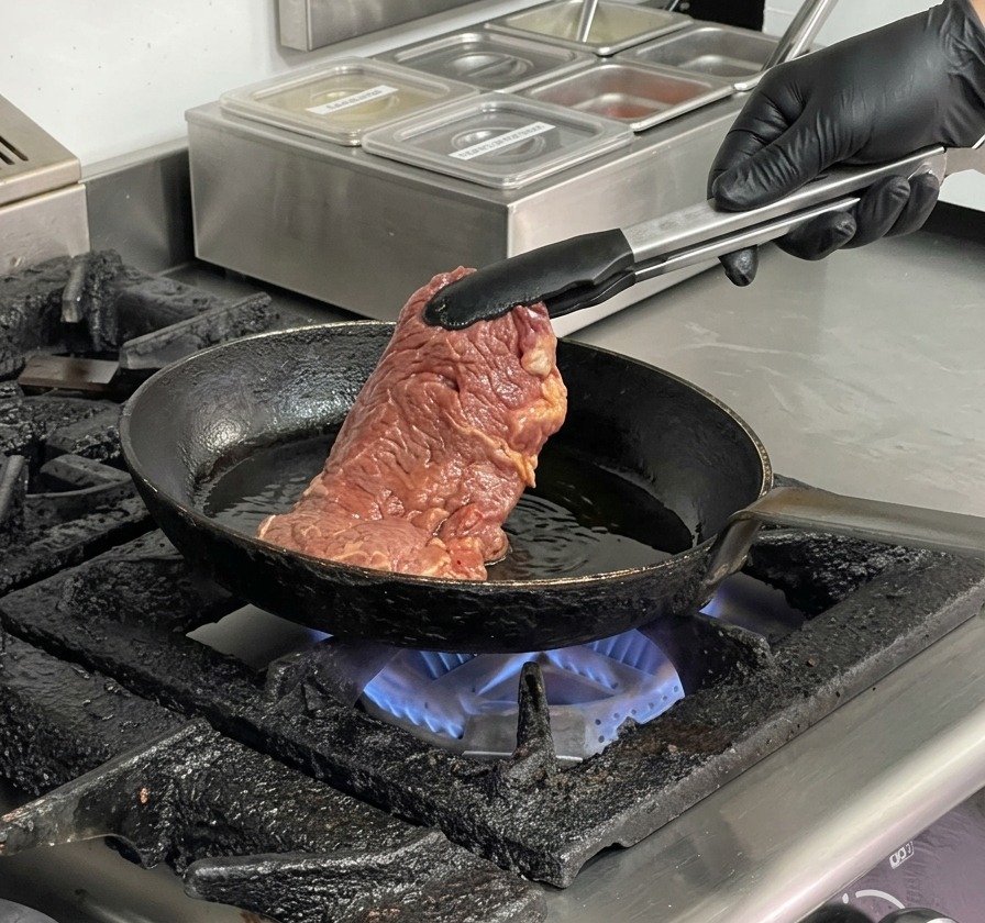 油を熱した鋳鉄製のフライパンに、トングで下味をつけた生の牛ステーキ肉を入れる様子。