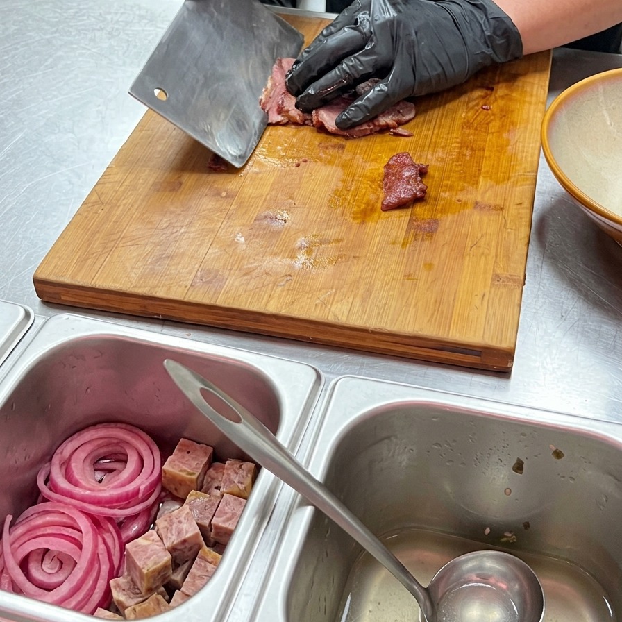 木製のまな板の上で、手袋を着用した手が包丁を使い、焼き上がった牛ステーキ肉をきれいなミディアムレアの薄切りにする様子。