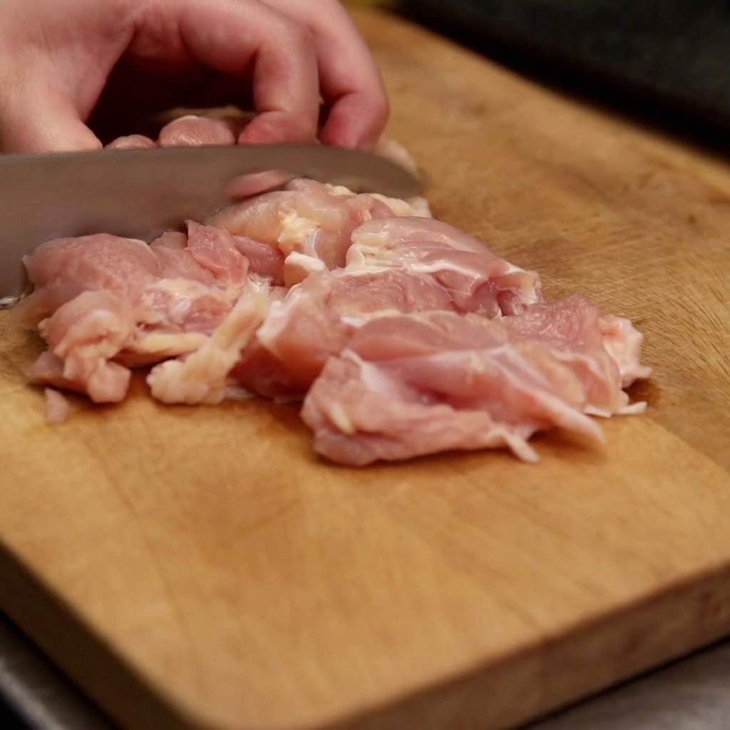 生の鶏もも肉をまな板の上で小さめのひと口大に均一に切っている手元のアップ。