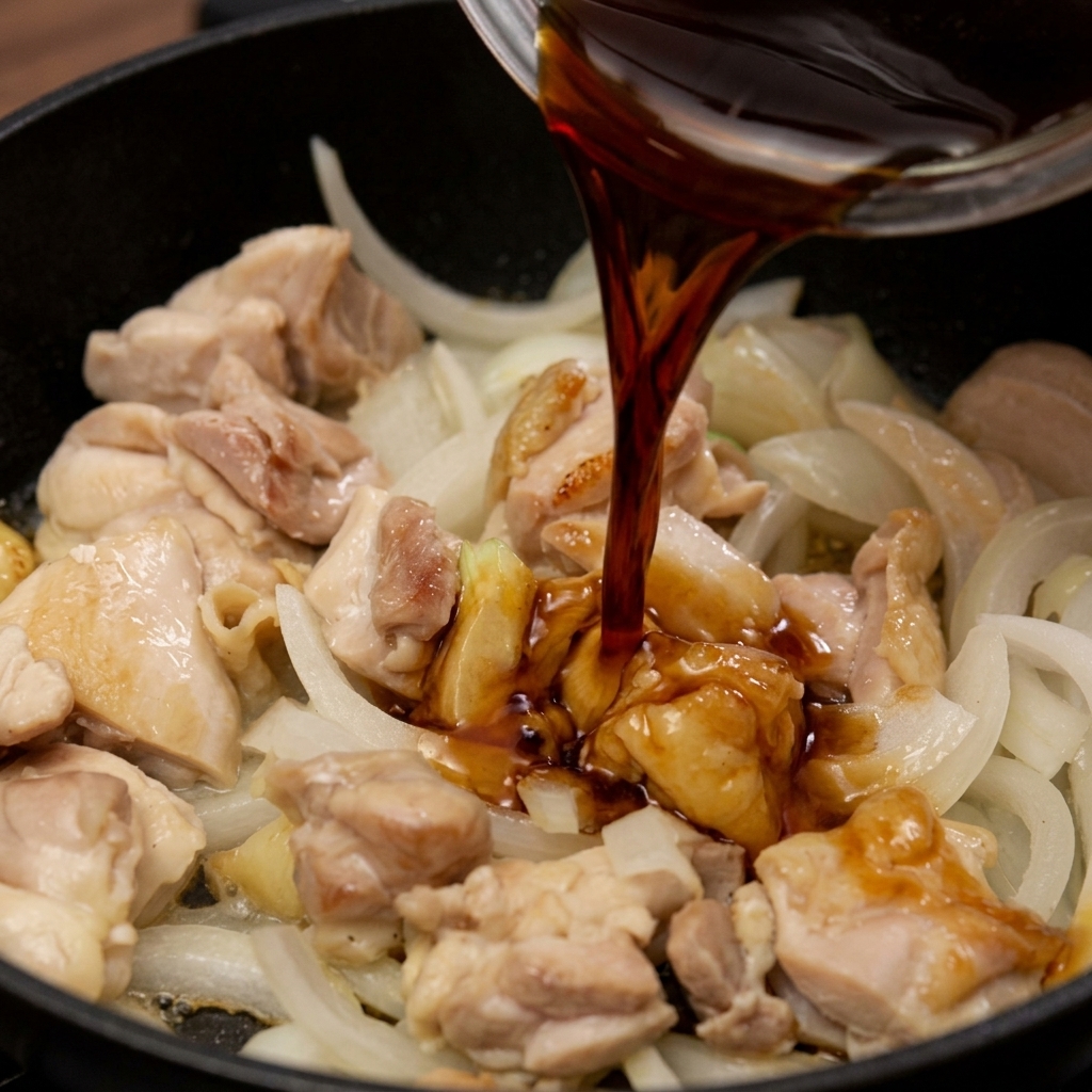炒めた鶏肉と玉ねぎが入ったフライパンに、醤油ベースの濃い色をしたたれを注いでいる様子。