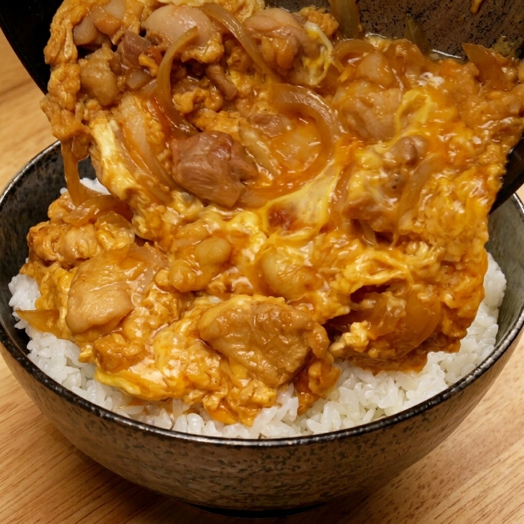 ふんわりと仕上がった卵と鶏肉の具材を、フライパンから温かい白米の入った丼へと滑らせるように移している様子。