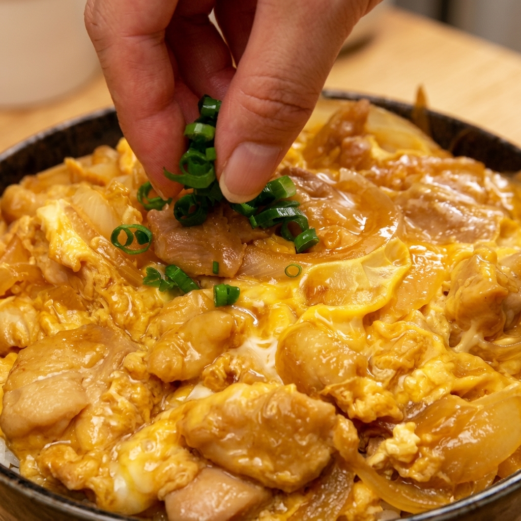 出来上がった温かい親子丼の上に、手元で刻んだ青ねぎをパラパラと散らしている様子。