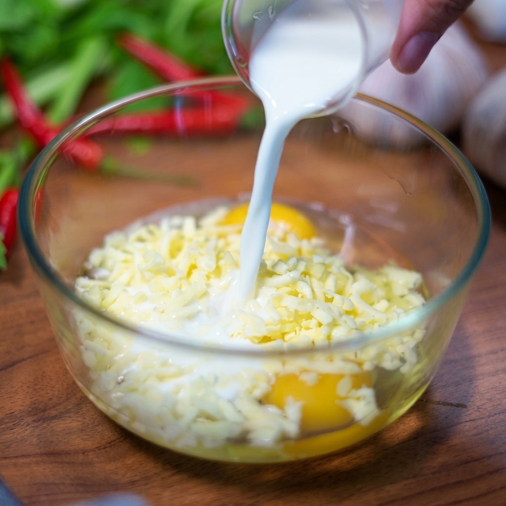 卵黄とピザ用チーズが入ったボウルに牛乳を注ぐ様子