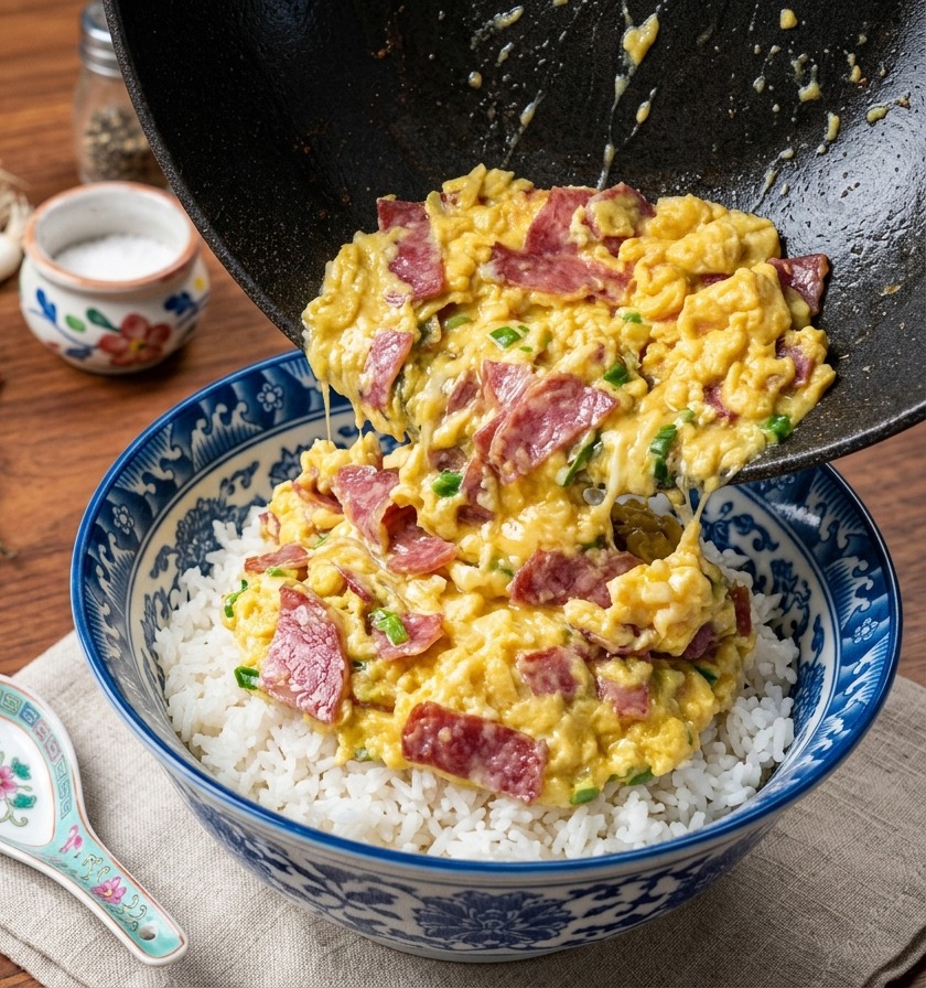 ほかほかの白米が入った丼に、フライパンから半熟のベーコンエッグをスライドさせてのせる様子