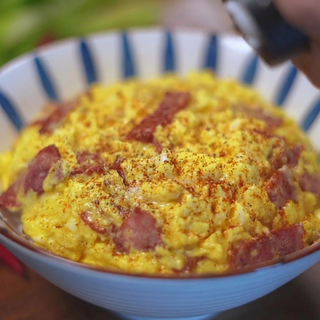 盛り付けたベーコンエッグ丼の上からミルで黒こしょうを挽いている様子