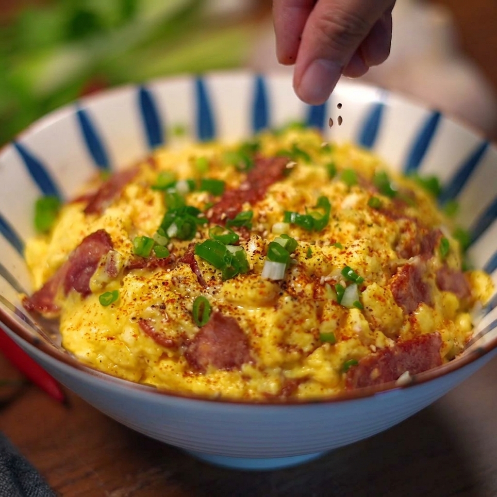 完成したベーコンエッグ丼の上に、手で刻んだ青ねねぎを散らしている様子