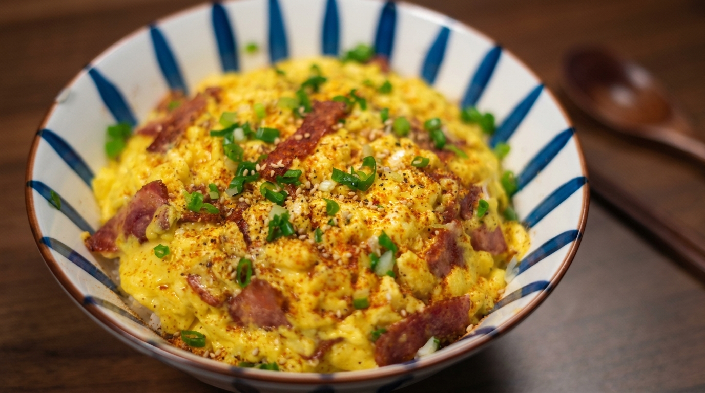 ほかほかのご飯の上に、ふんわりとしたスクランブルエッグとカリカリのベーコン、鮮やかな青ねぎをのせた旨味たっぷりのベーコンエッグ丼。