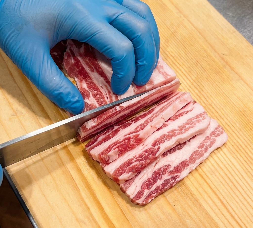 薄色の木製まな板の上で、青い手袋を着用して包丁で生の豚バラ肉を細切りにする様子。
