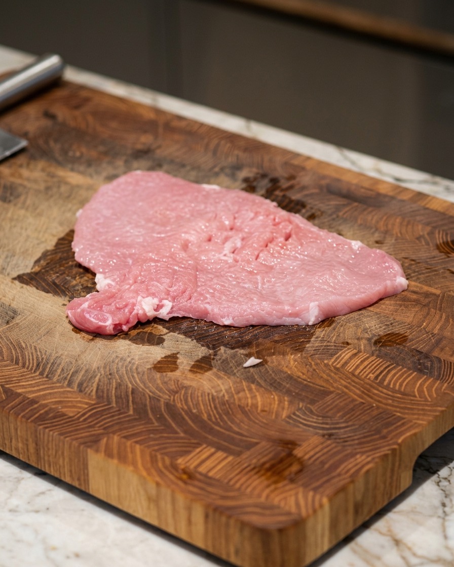 まな板の上で、塩と黒こしょうを振られた生の豚ロース肉