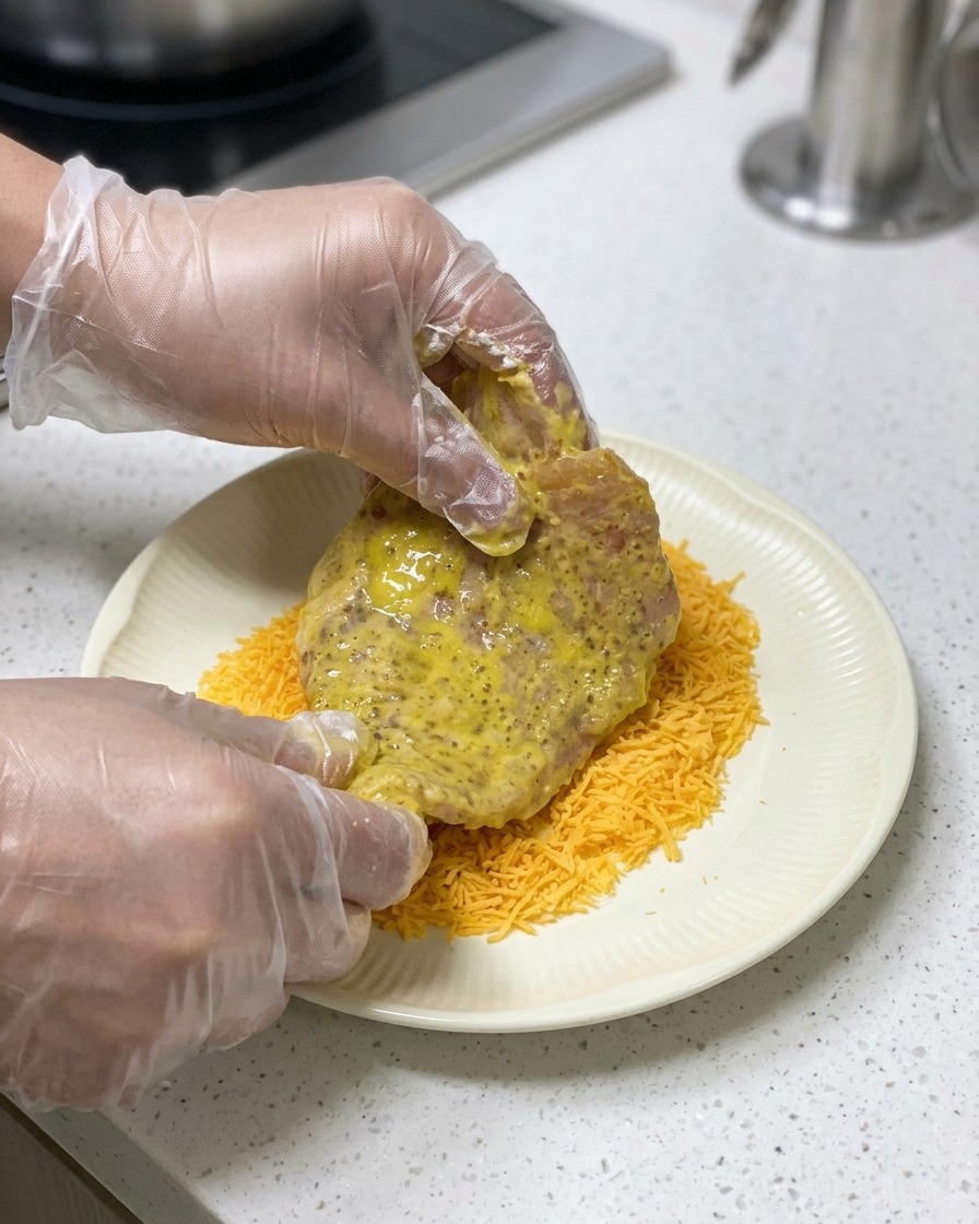 ビニール手袋をはめた両手で、卵液につけた豚肉をパン粉の敷き詰められた皿に押し当て、衣をまとわせている様子。