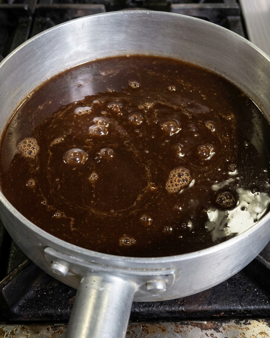 コンロの上で、表面に小さな気泡を立てながら静かにコトコトと煮詰まっている、とろみのある濃い茶色の味噌だれ。