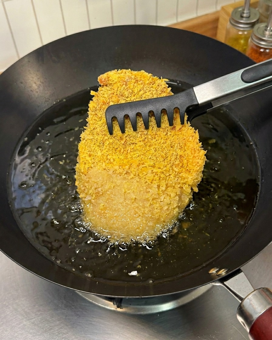 トングを使い、泡立つ熱い油が入った中華鍋に衣をつけた豚肉を静かに入れている様子。