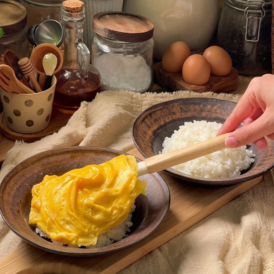 フライ返しを使い、器に盛った白いご飯の上に黄金色のトルネードオムレツをそっと移している様子。