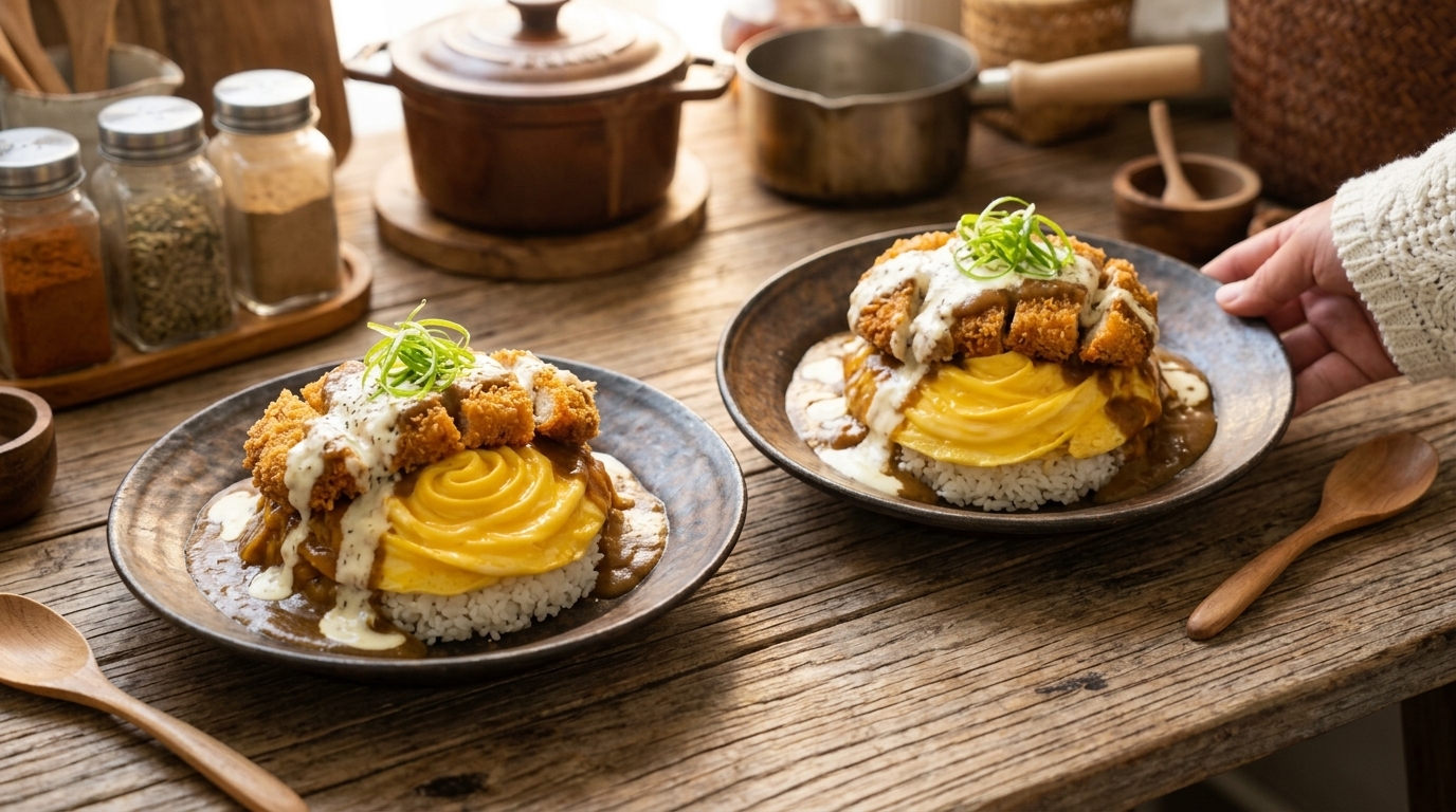 トルネード卵のウォーターフォールカツカレーライス ＆ つぶしバナナラテ