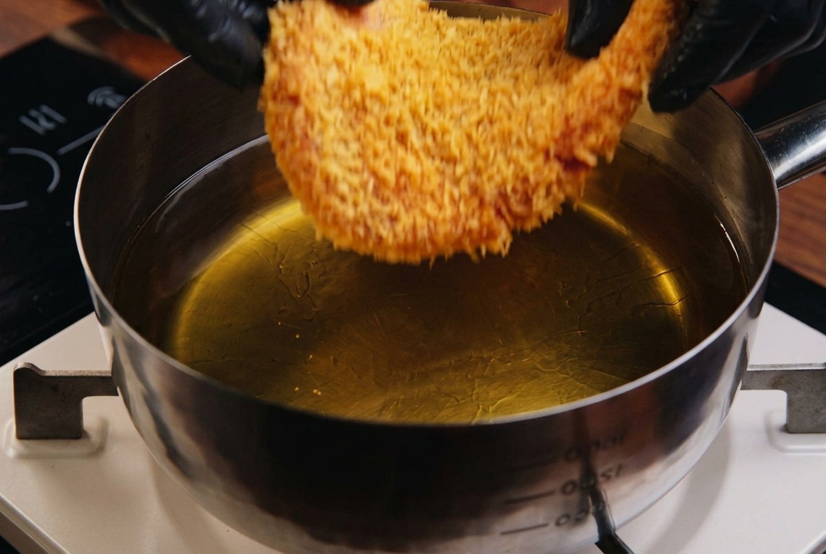 パン粉をまぶした豚カツを、約160度に熱したきれいな揚げ油の中に静かに入れている様子。