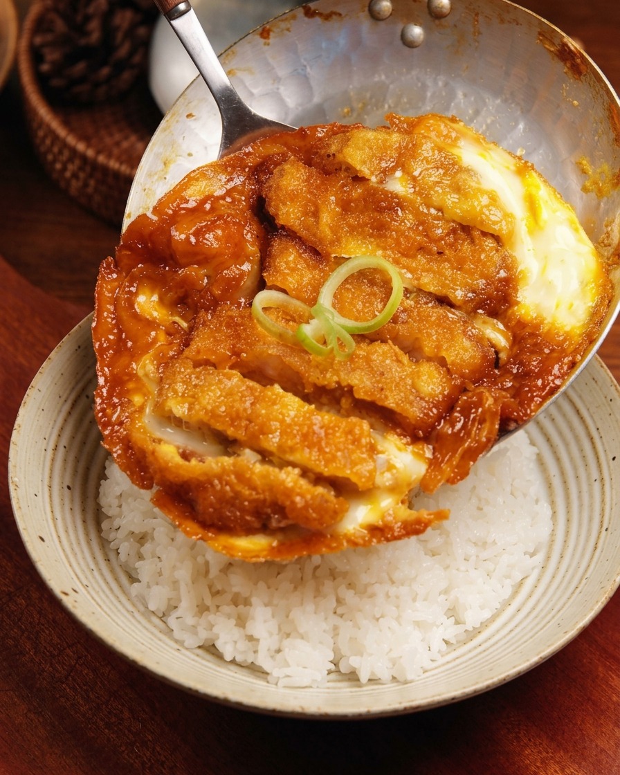 鍋から温かいご飯が盛られたどんぶりに、とろっとした卵とカツを滑らせるように移している完成の瞬間。