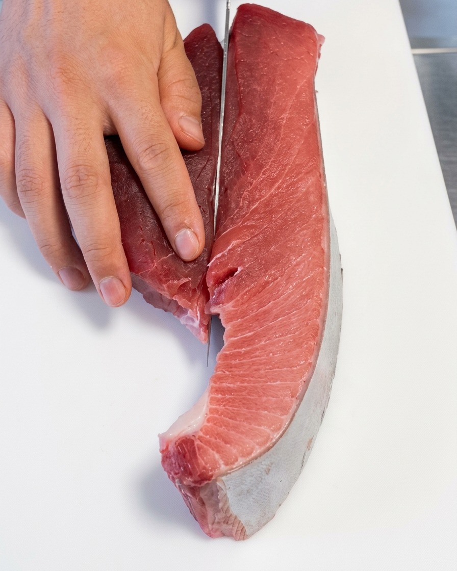 マグロのブロックから血合いを切り分けている様子。