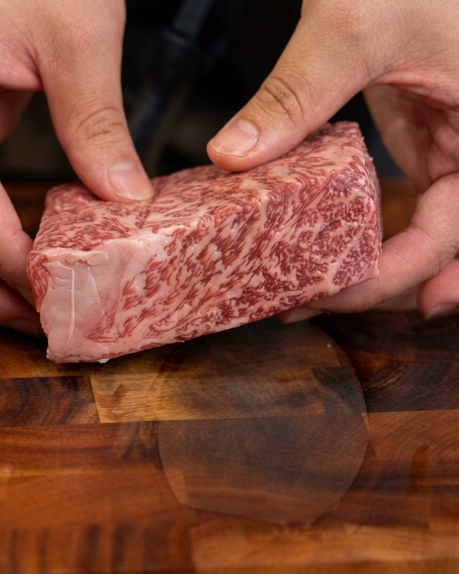 厚みと美しい霜降りの紋様がよくわかるように、厚切りの生の霜降り牛ステーキ肉を両手で持っているクローズアップ写真。