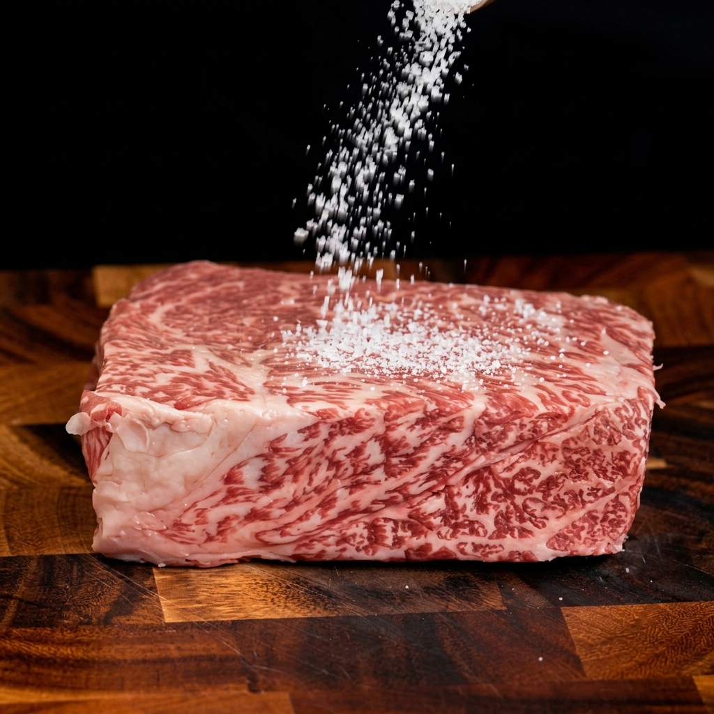 木製の手元まな板の上にある、生の厚切り霜降り牛ステーキ肉に、粗塩をたっぷりと振りかけている様子。