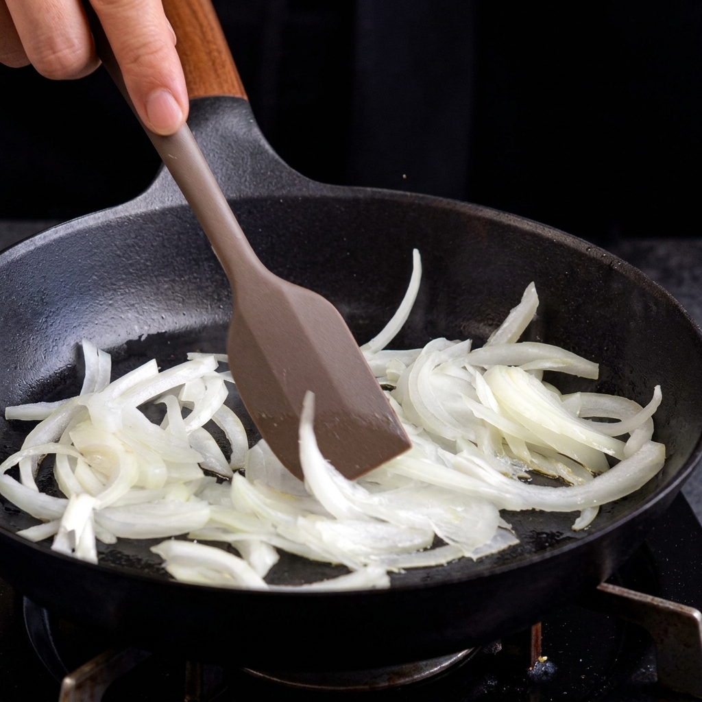 熱した鋳物のフライパンで、茶色のスパチュラを使ってスライスした玉ねぎを炒めている様子。