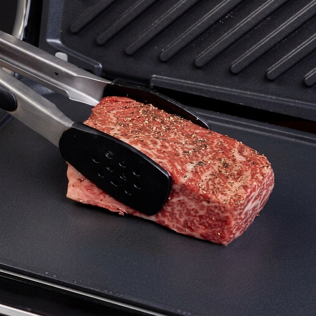 トングを使い、黒こしょうで下味をつけた厚切りの生の霜降り牛ステーキ肉を、230度に熱したダークグレーの電気グリルプレートにのせている様子。