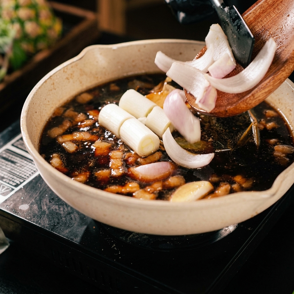 黒いタレで煮込んでいる豚肉の鍋に、大きめに切った青ねぎと赤玉ねぎを加えている様子。