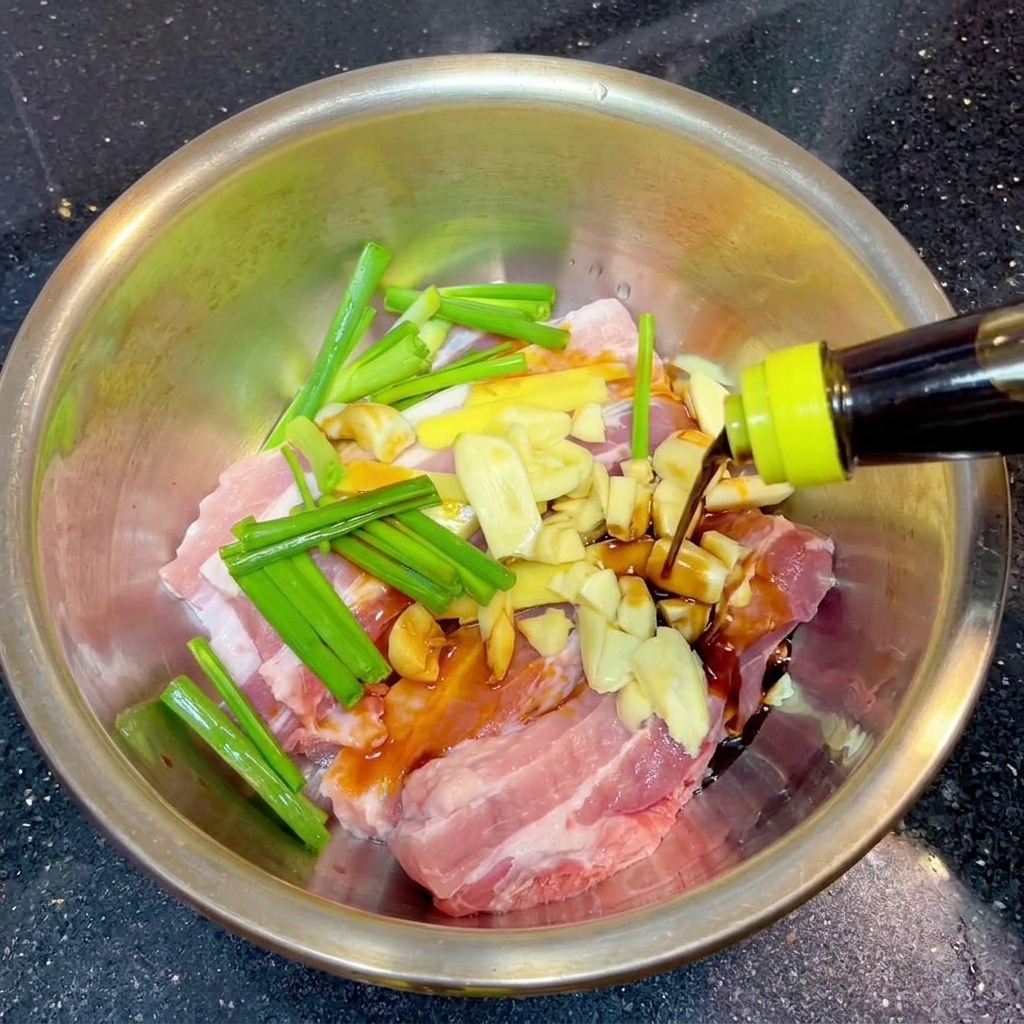 ぶつ切りにした青ネギやスライスした香味野菜を合わせた生の豚バラ肉に、黄色いキャップのボトルから濃い液体が注がれている様子。