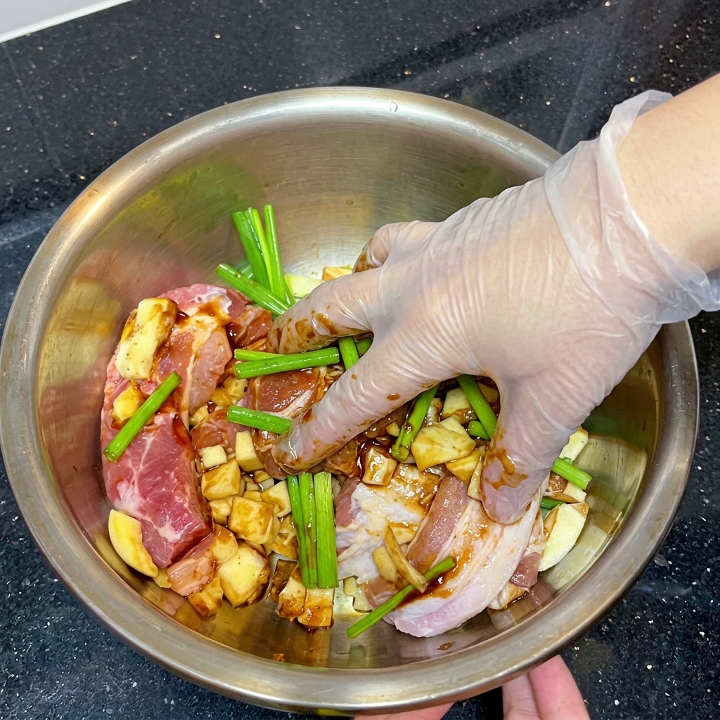透明なプラスチック手袋をはめた手で、ステンレス製のボウルの中にある青ネギとタレに浸かった豚バラ肉を力強く揉み合わせている様子。