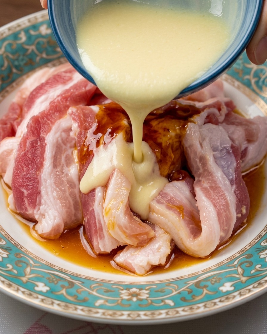 青いボウルから、下味をつけた豚バラ肉のスライスに向けて、クリーミーな白いニンニクの液体が注がれている様子。