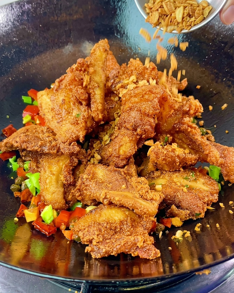 炒めた唐辛子やトウチが入った中華鍋の中で、黄金色の豚バラ肉の上に、カリカリのフライドガーリックを振りかけている様子。