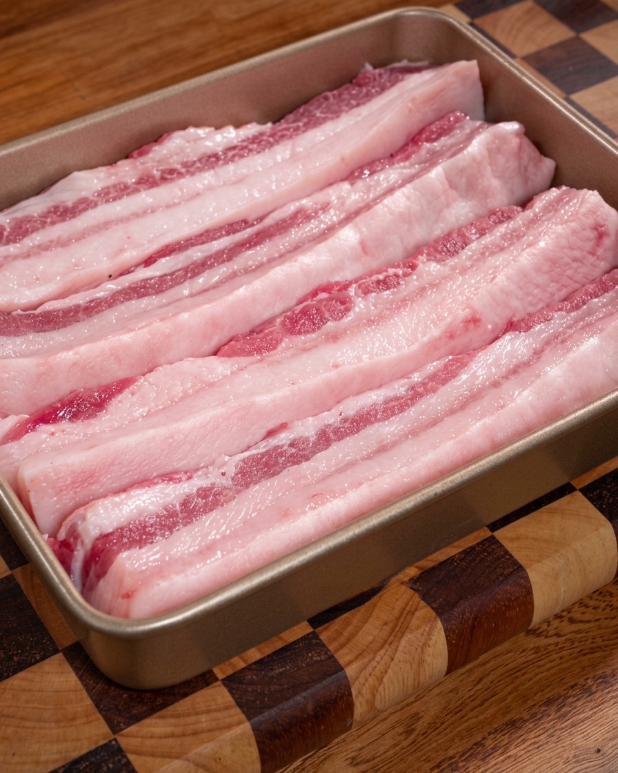 木製の台の上に置かれた、ピンク色のお肉と白い脂身が美しい層をなす生の皮付き豚バラ肉。金色の長方形の金属トレイにきれいに並べられている。