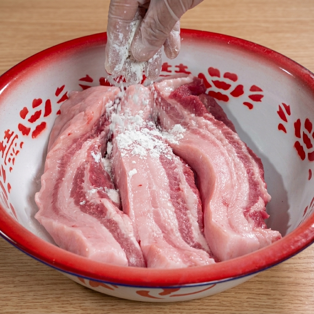 赤い縁取りのあるホーローボウルの中に並べられた生の豚バラ肉に、透明な手袋をはめた手で白い小麦粉を振りかけている様子。
