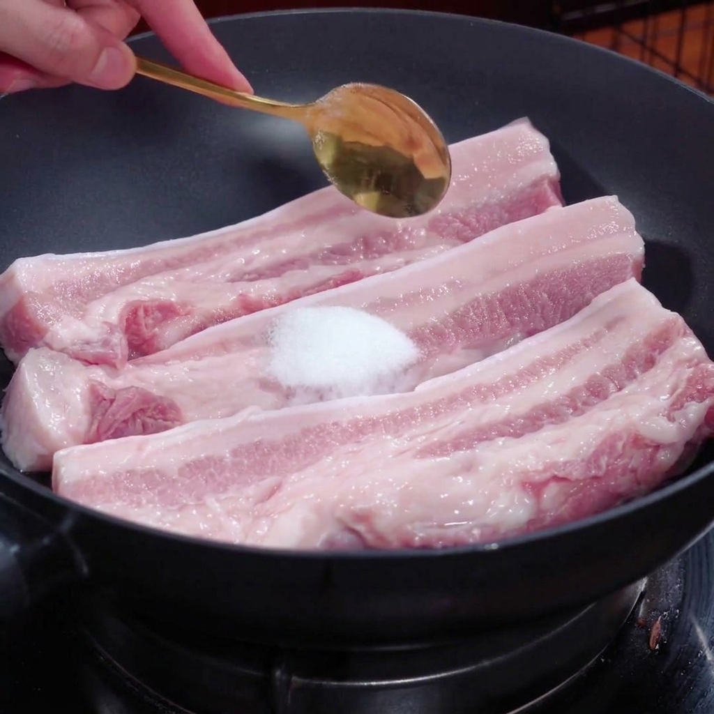 黒いフライパンの中の生の豚バラ肉の上に置かれた、たっぷりの白い塩と、その上に差し出された金色のスプーン。