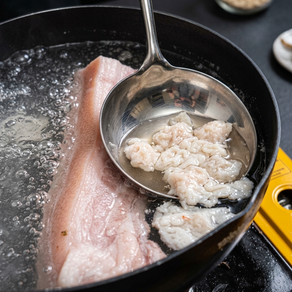 豚バラ肉が入った沸騰したお湯の表面から、大きな金属製のお玉を使って、厚い白い泡やアクを丁寧にすくい取っている様子。
